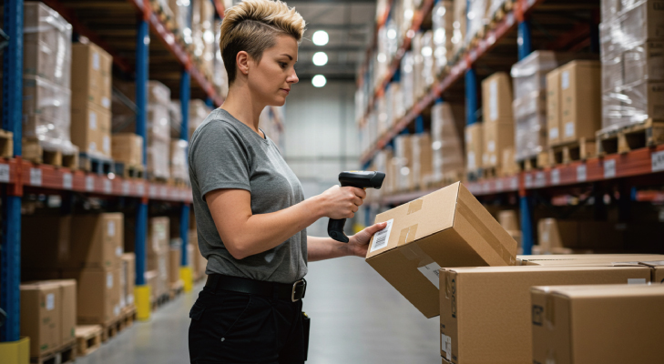 A female lady in warehouse is using rf scanner for checking stock issues