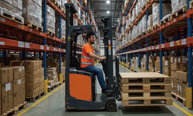 A male worker using forklift the move the pallet