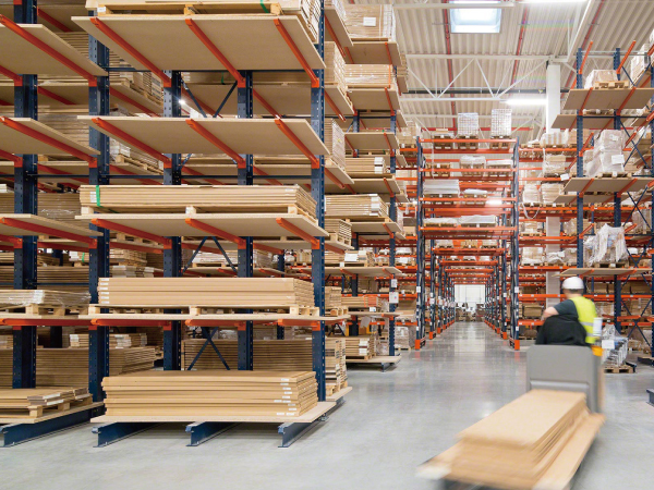 Cantilever racking system in bright warehouse