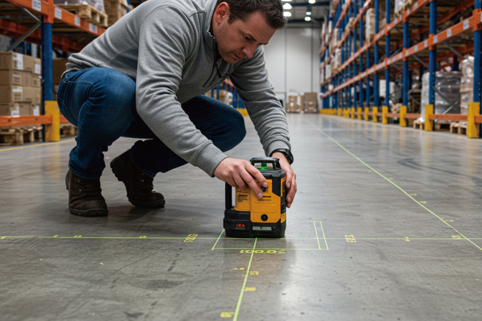 A professional warehouse technician using a laser level to assess a concrete floor for uneven surfaces before racking installation