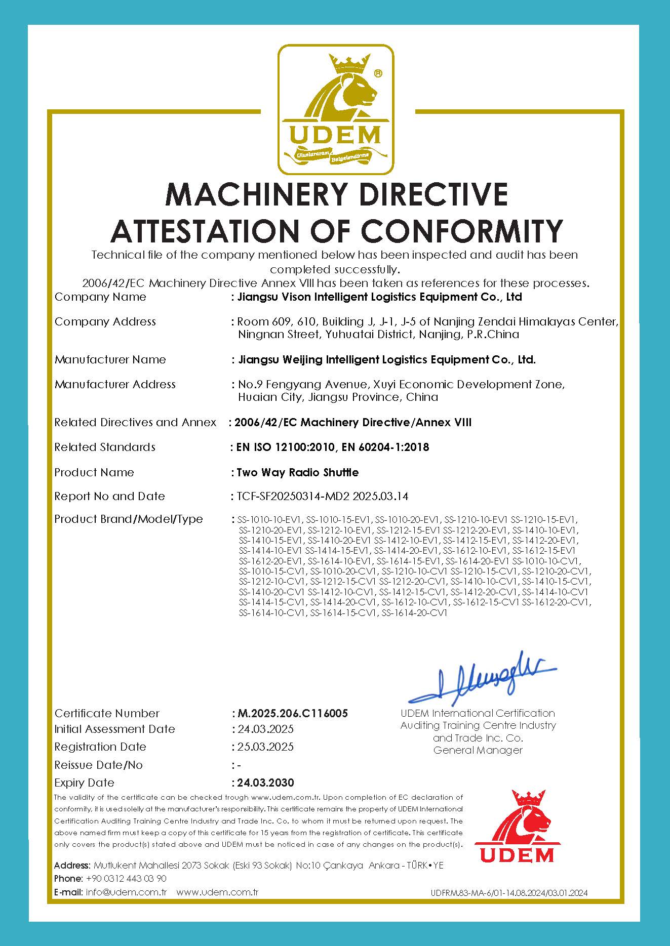 CE Shuttle Certificate - Quality certification for 2D shuttle systems