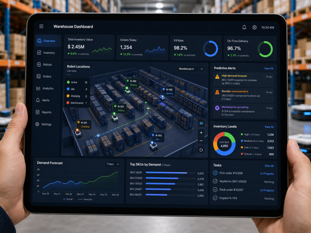 Predictive analytics dashboard optimizing Smart Warehousing operations